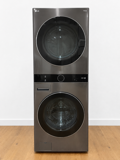 LG WKEX200HBA WashTower Black Steel front view, dryer on top and washer on bottom