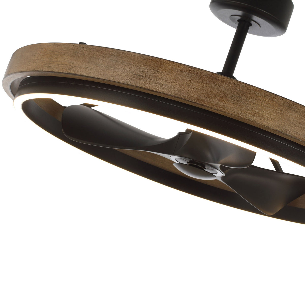 Angled view of Maxim Homestead Fandelight showing fan blades and illuminated LED light ring