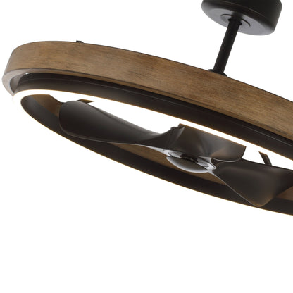 Angled view of Maxim Homestead Fandelight showing fan blades and illuminated LED light ring