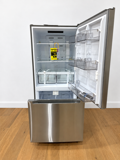 Midea MRB19B7AST front view with door open showing shelves and bins