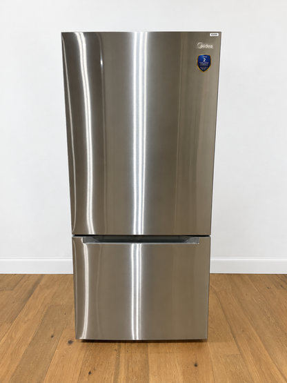 Midea MRB19B7AST stainless steel bottom freezer refrigerator front view