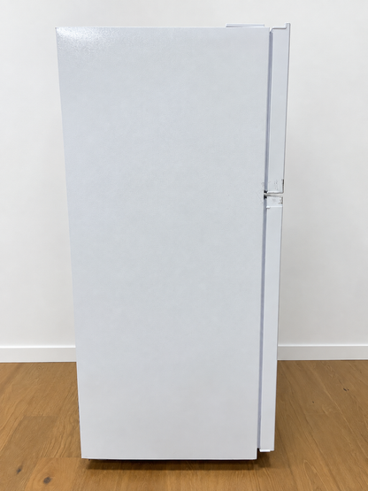 A white top-freezer refrigerator standing upright.