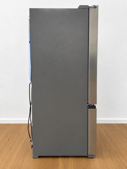 A side-by-by refrigerator with a dark gray door and stainless steel handles.