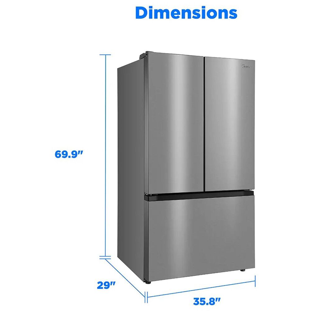 Midea MRF2716BST refrigerator dimensions diagram, 69.9 inches high by 35.8 inches wide by 29 inches deep
