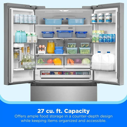 Midea MRF2716BST refrigerator interior with doors open showing 27 cu ft capacity and stocked shelves