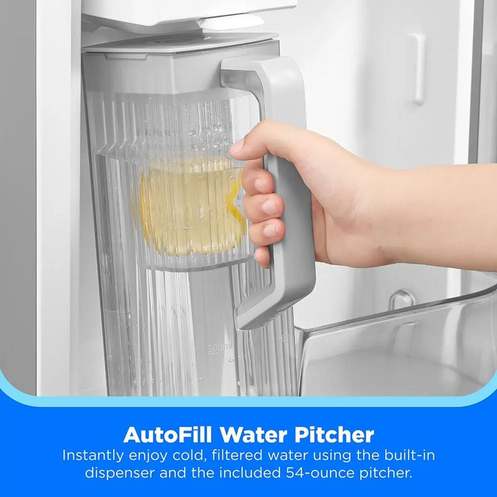 Midea MRF2716BST AutoFill Water Pitcher dispensing filtered water inside refrigerator door