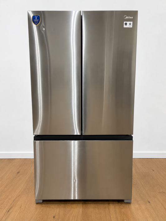 A stainless steel four-door French door refrigerator with a bottom freezer drawer. The Midea brand logo is visible in the top right corner.
