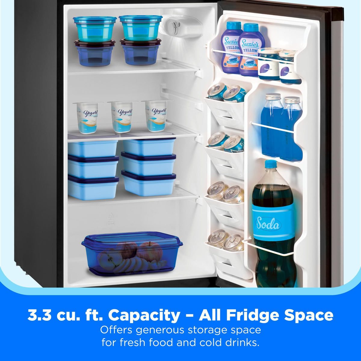 Interior of the refrigerator fully stocked with food containers, yogurt, drinks, and produce, illustrating the 3.3 cu ft capacity