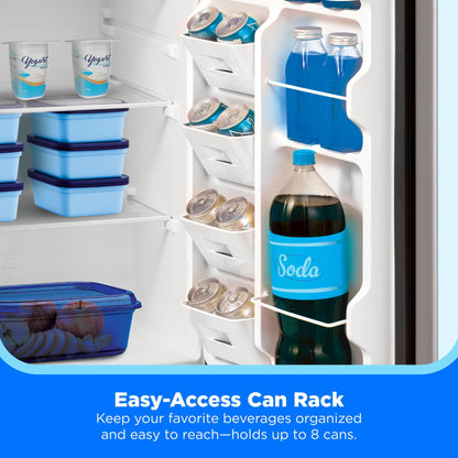 Close-up of the door's easy-access can rack holding canned beverages, juice, and a soda bottle