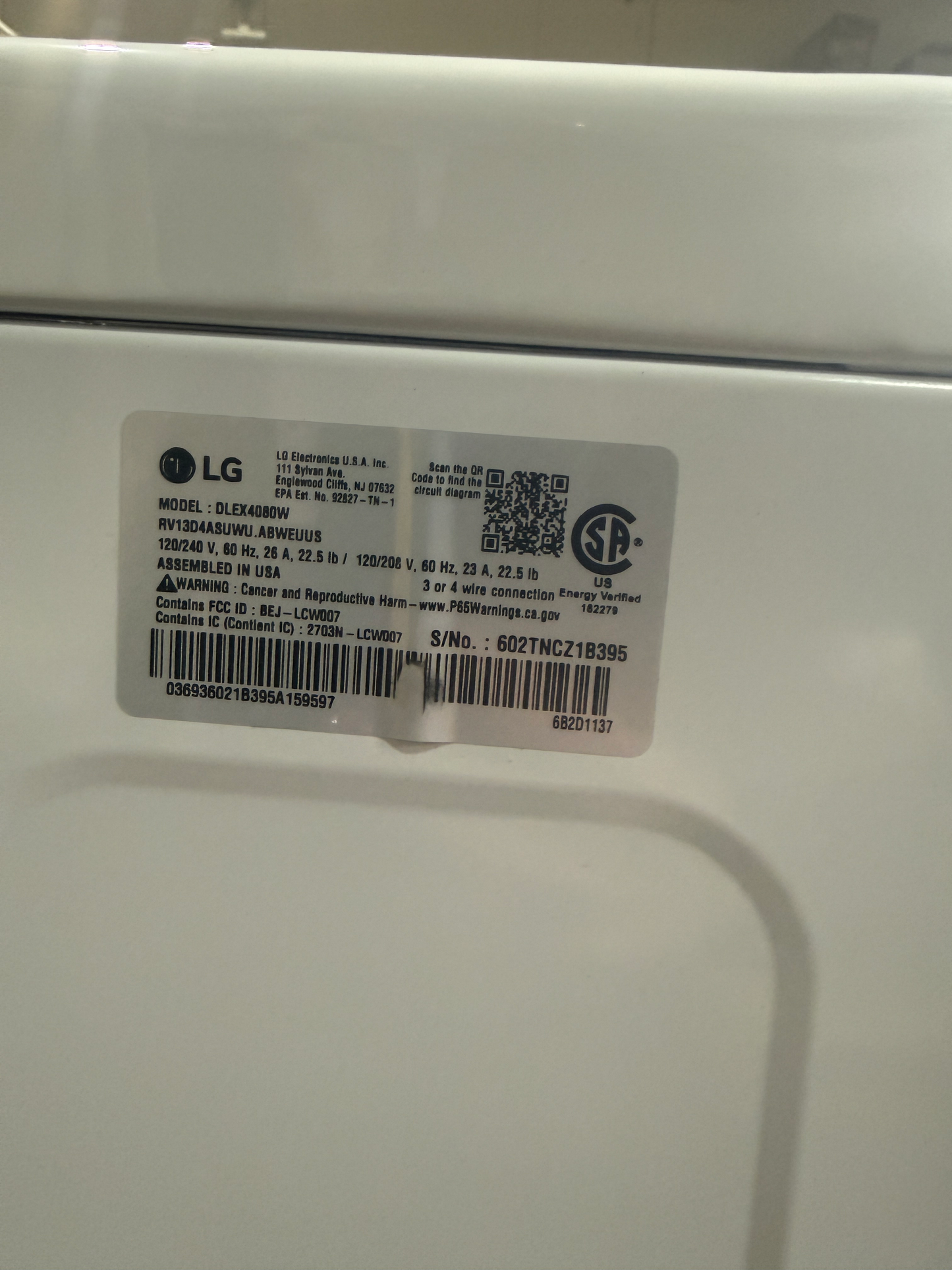 LG DLEX4080W 7.4 cu ft Electric Dryer