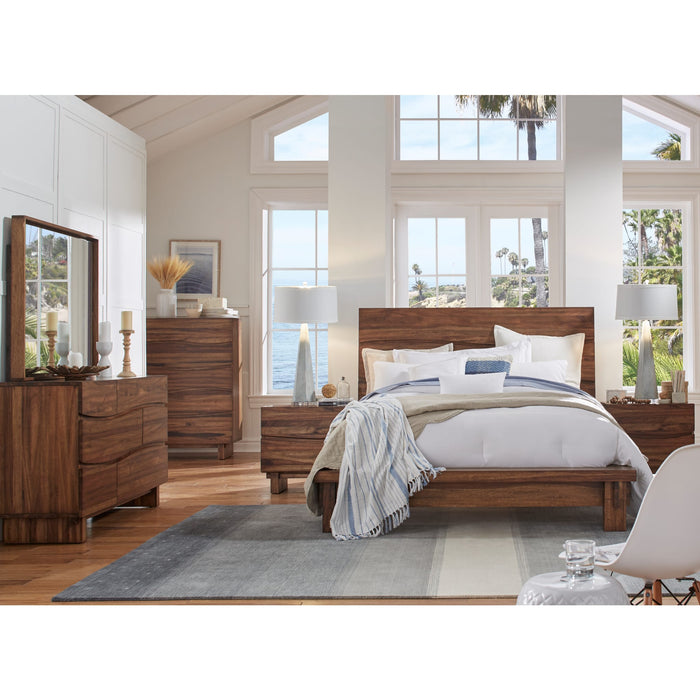 Modus Ocean nightstand shown as part of the full Ocean bedroom collection with dresser, bed, and mirror