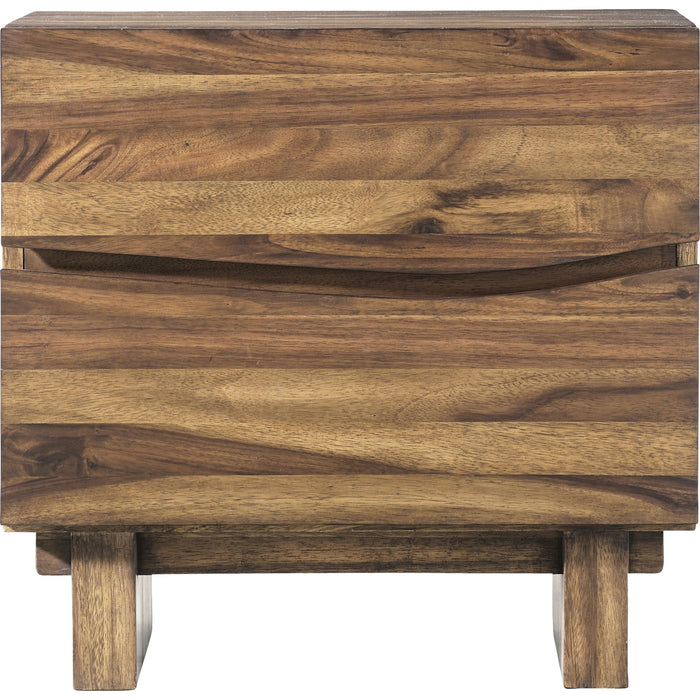 Front view of the Modus Ocean nightstand showing wood grain pattern and undulating drawer fronts