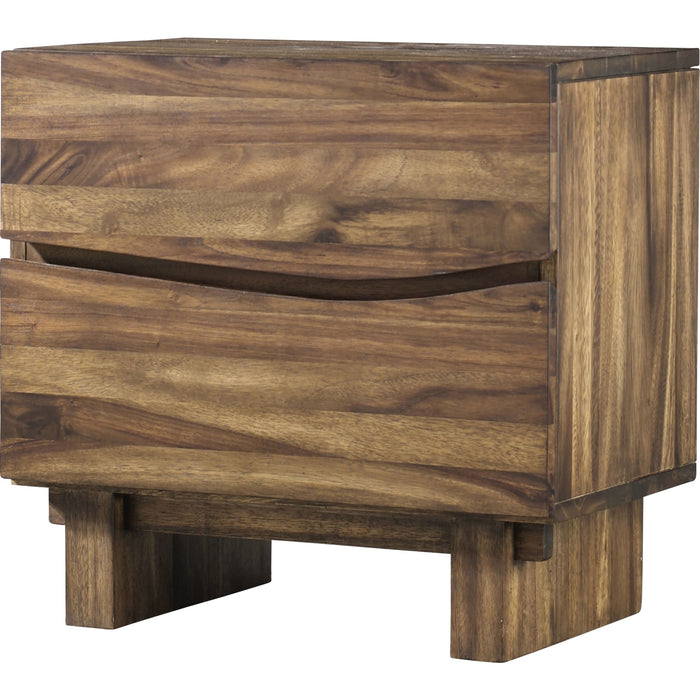 Angled view of the Modus Ocean nightstand showing the two drawers and wood block legs