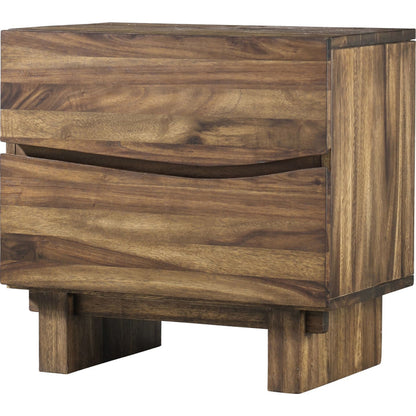 Angled view of the Modus Ocean nightstand showing the two drawers and wood block legs
