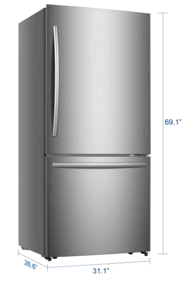 Mora 17.2 cu. ft. refrigerator angled view with dimension callouts showing 69.1 inch height, 31.1 inch width, and 26.6 inch depth