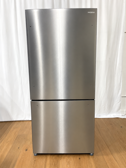 A stainless steel top-freezer refrigerator with a small visible Midea logo in the upper right corner.