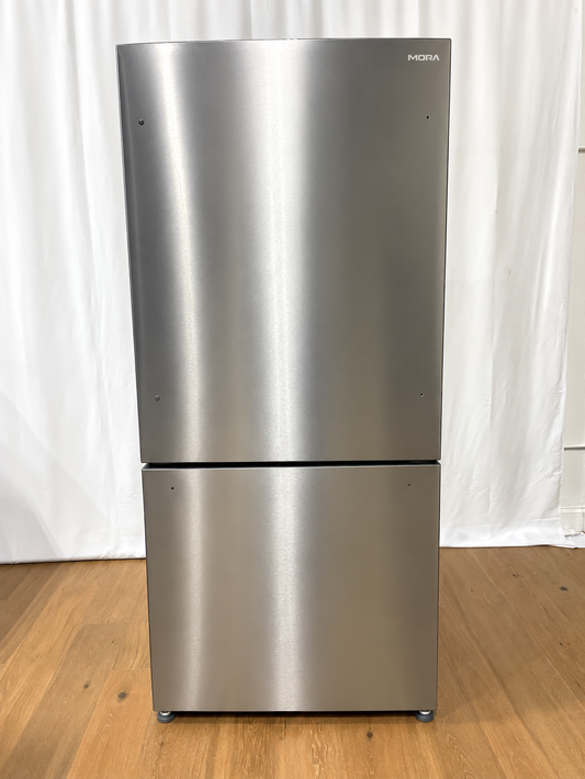A stainless steel top-freezer refrigerator with a small visible Midea logo in the upper right corner.