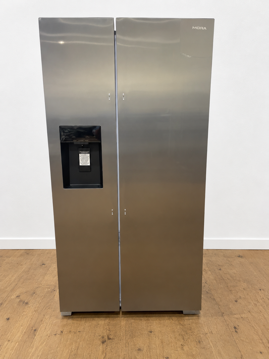 A stainless steel side-by-side refrigerator with a water and ice dispenser on the left door.