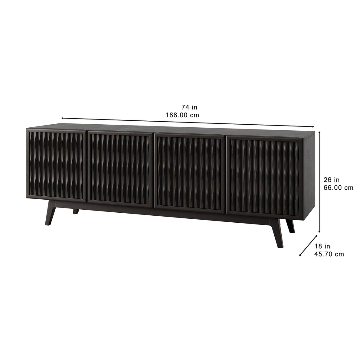 Del Rey Oaks accent console dimensions diagram showing 74 in width, 18 in depth and 26 in height