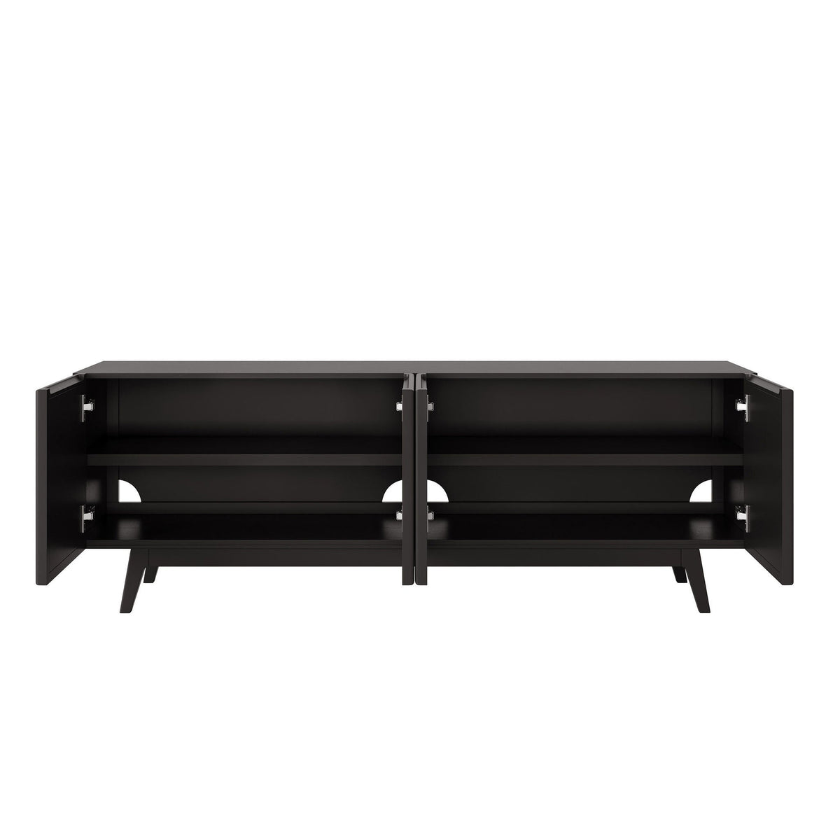 Del Rey Oaks console with all four doors open showing two adjustable shelves and rear cord cutouts