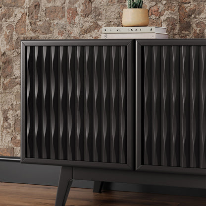 Close-up of the Del Rey Oaks console black wave-carved overlay veneer door fronts