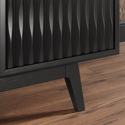 Detail of the Del Rey Oaks console angled solid hardwood leg in black finish