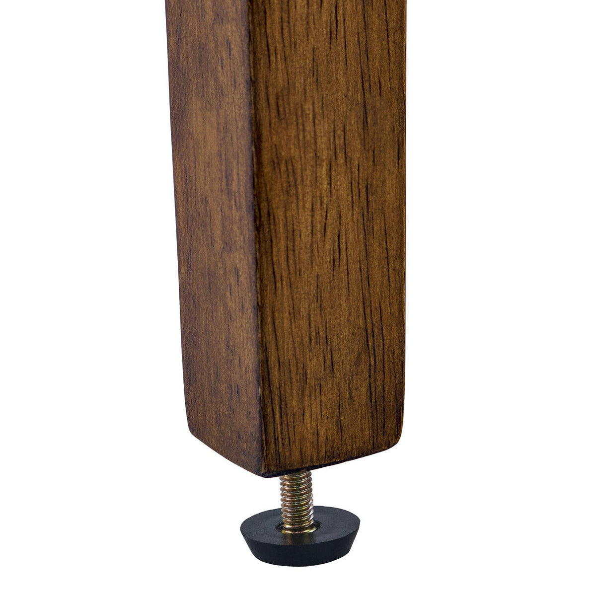 Close-up of an Ophelia stool walnut-tone rubberwood leg with adjustable leveler
