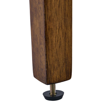 Close-up of an Ophelia stool walnut-tone rubberwood leg with adjustable leveler
