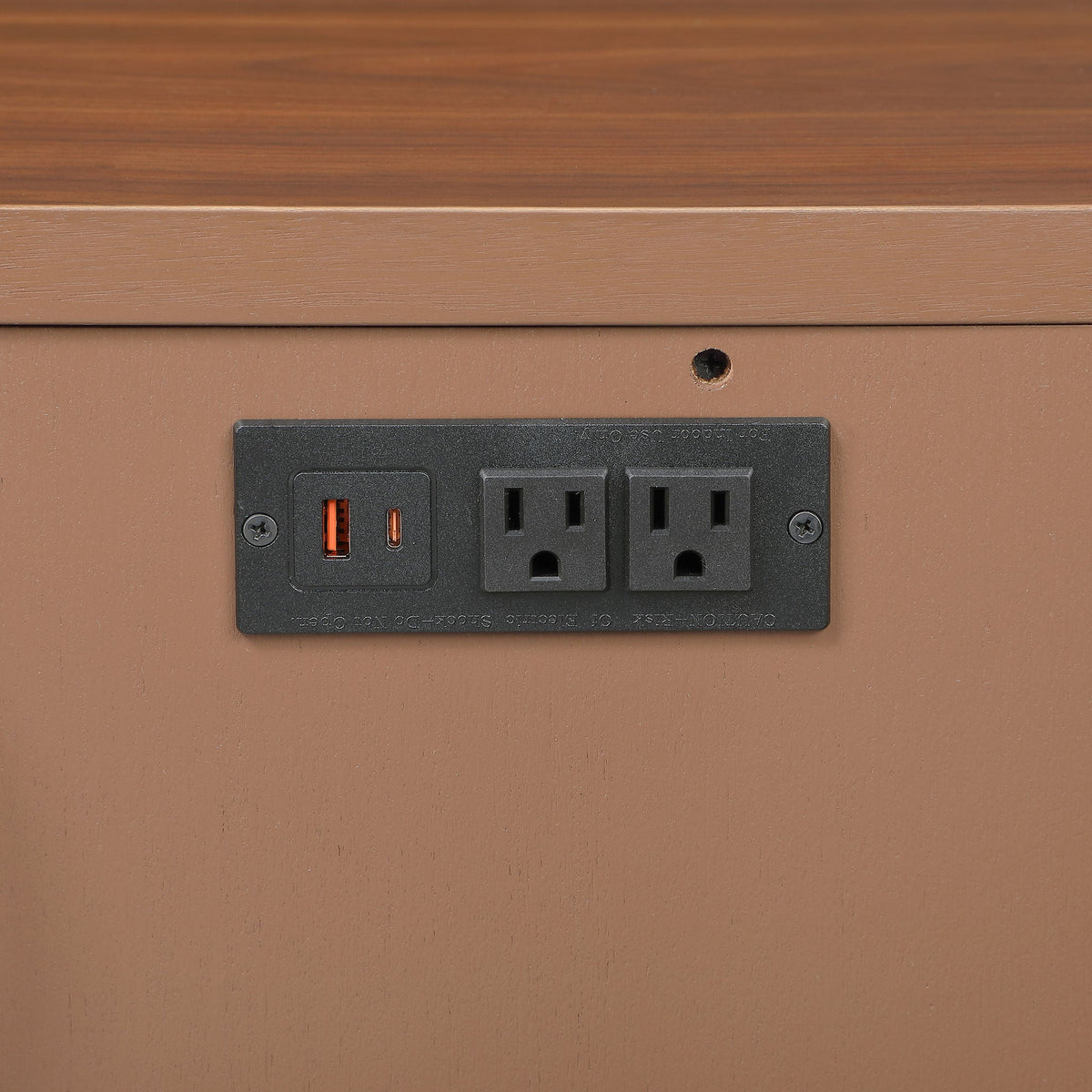 Rockford 2-Drawer Nightstand back panel closeup showing USB ports and power outlet