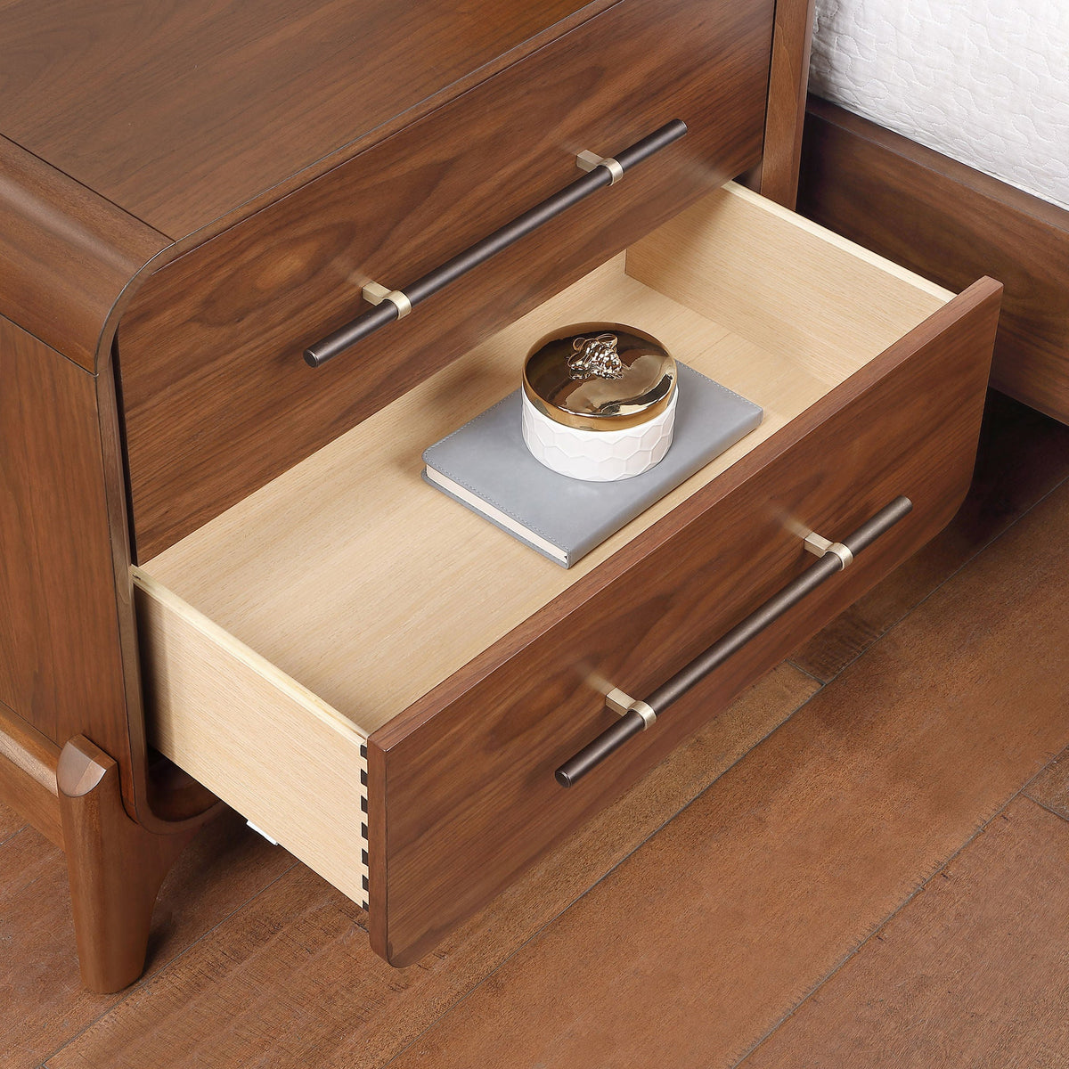Rockford 2-Drawer Nightstand open drawer showing dovetail construction and sealed interior