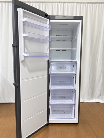 A tall, narrow refrigerator with its door open, showing a white interior with multiple transparent storage drawers and shelves.