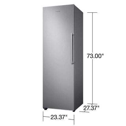 Samsung upright freezer shown at an angle with dimension lines labeled 73.00 inches tall, 27.37 inches deep, and 23.37 inches wide