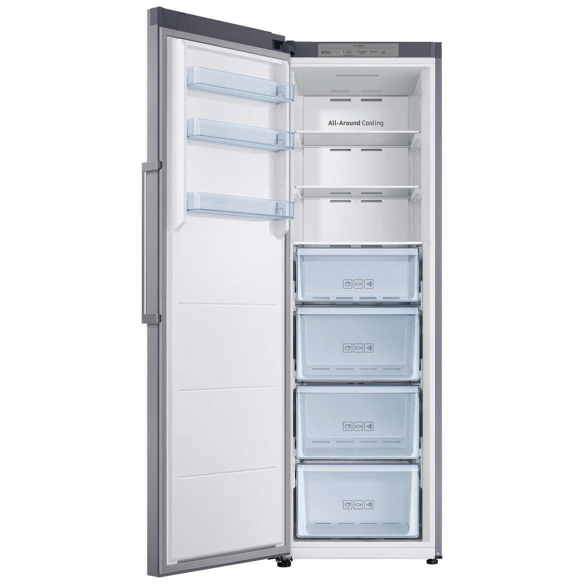 Samsung upright freezer with door open showing empty adjustable shelves, door bins, and the All-Around Cooling vent panel