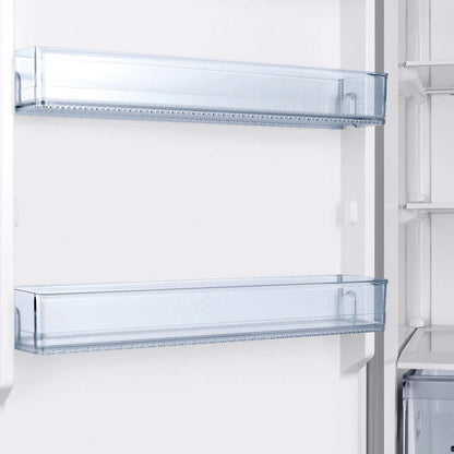 Samsung upright freezer shown from a three-quarter angle highlighting the stainless steel look finish and door handle