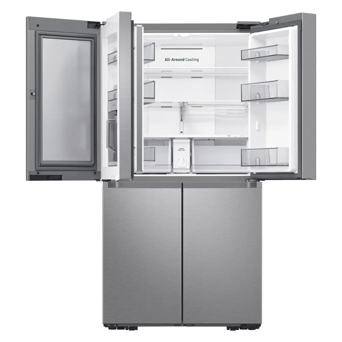 Refrigerator with doors open showing the empty interior shelves and All-Around Cooling vent