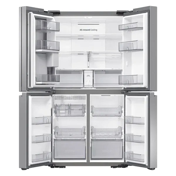 Fully open interior view showing refrigerator and freezer compartments with adjustable door bins and drawers