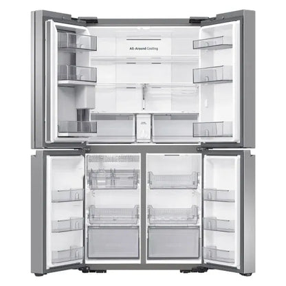 Fully open interior view showing refrigerator and freezer compartments with adjustable door bins and drawers