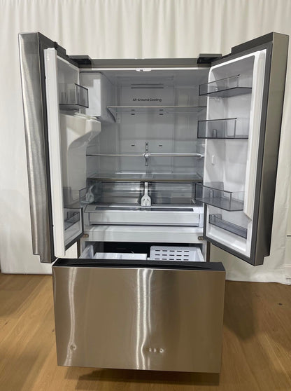 A stainless steel French door refrigerator with both doors open, showing the interior shelves, door bins, and bottom freezer drawer.