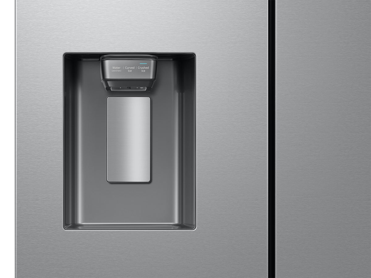 Close-up of Samsung RF27CG5B10SR external water and ice dispenser panel