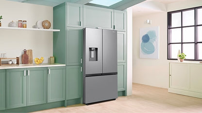 Samsung RF27CG5B10SR refrigerator installed in a modern green kitchen, lifestyle setting