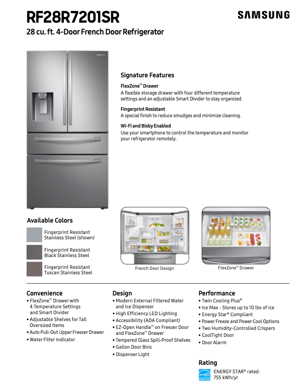 Samsung RF28R7201SR official spec sheet showing front view with external dispenser, open French door interior, and stocked FlexZone drawer