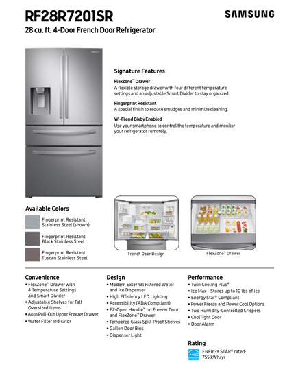 Samsung RF28R7201SR official spec sheet showing front view with external dispenser, open French door interior, and stocked FlexZone drawer