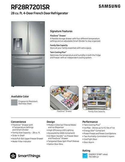 Samsung RF28R7201SR spec sheet showing front view, FlexZone drawer stocked with drinks, and Family Size Capacity open interior