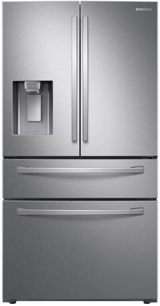 Samsung RF28R7201SR 4-door French door refrigerator, clean manufacturer studio shot, front view with external ice and water dispenser