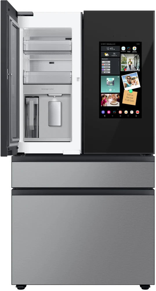 Samsung RF29BB8900QK refrigerator front view with door open showing Beverage Center