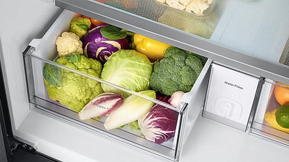 Samsung RF29BB8900QK refrigerator crisper drawer close up with produce