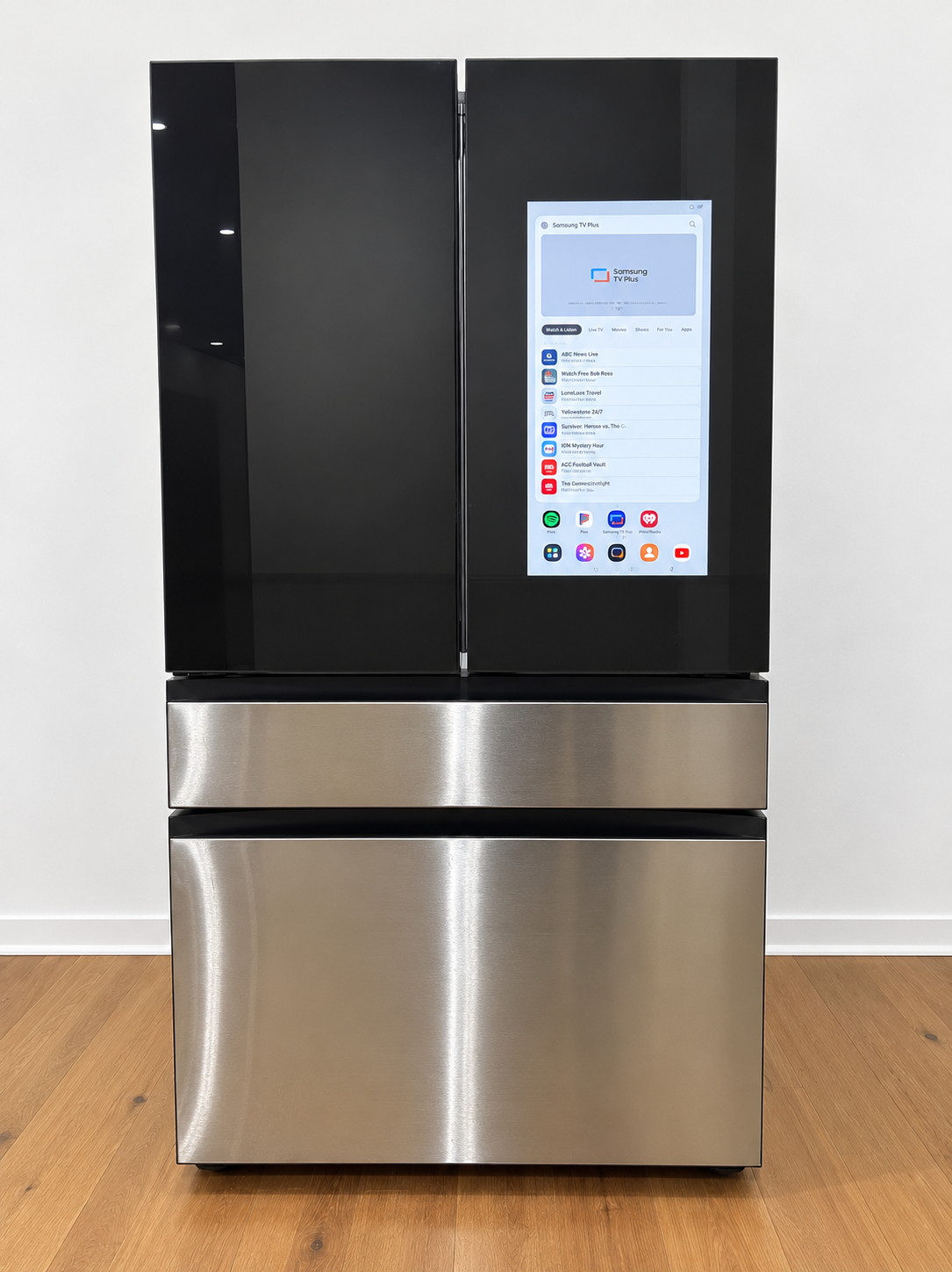 Actual unit for sale, front view, doors closed, Family Hub screen active