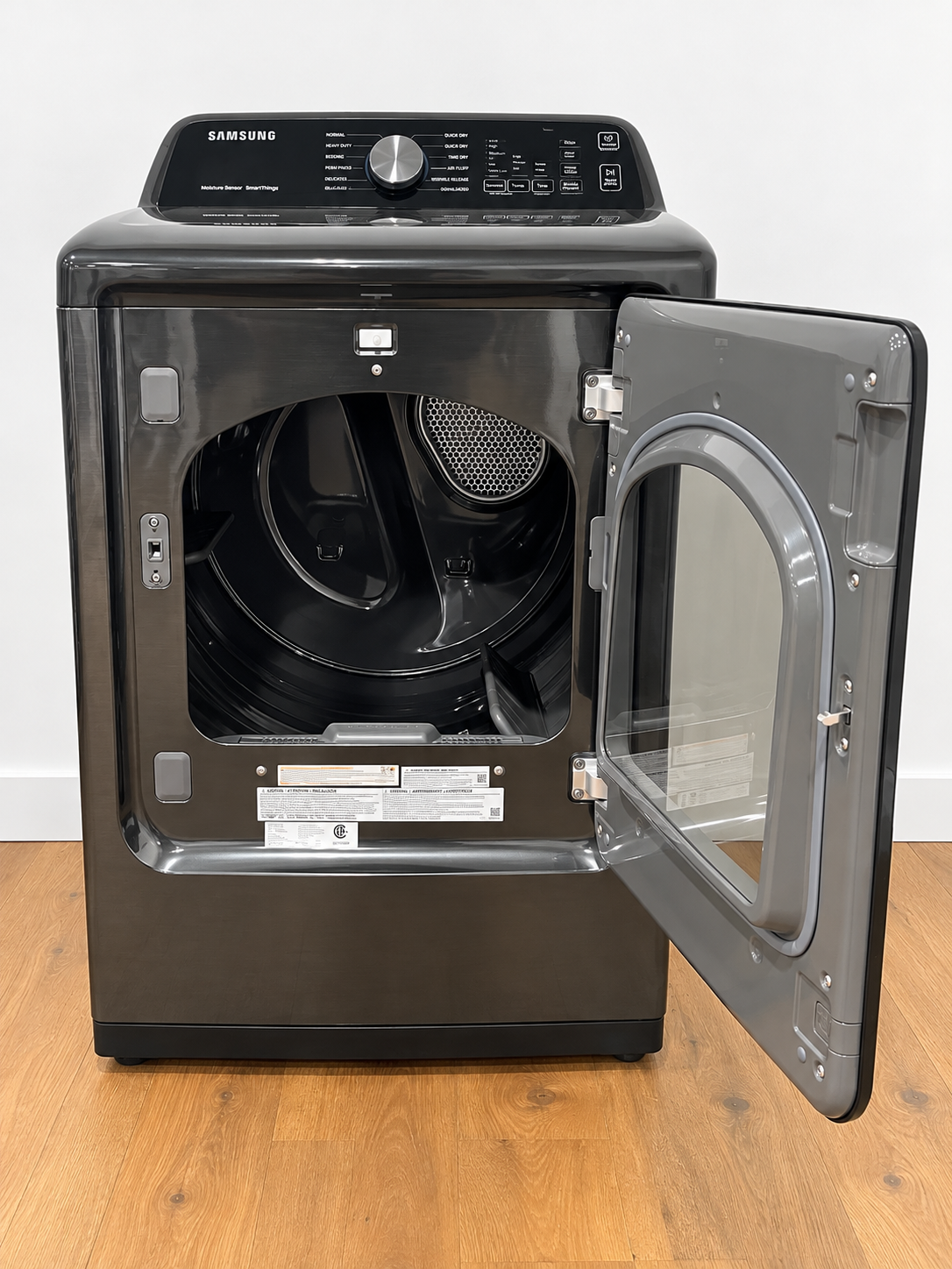 Samsung DVG47CG3500V front view with door open showing drum