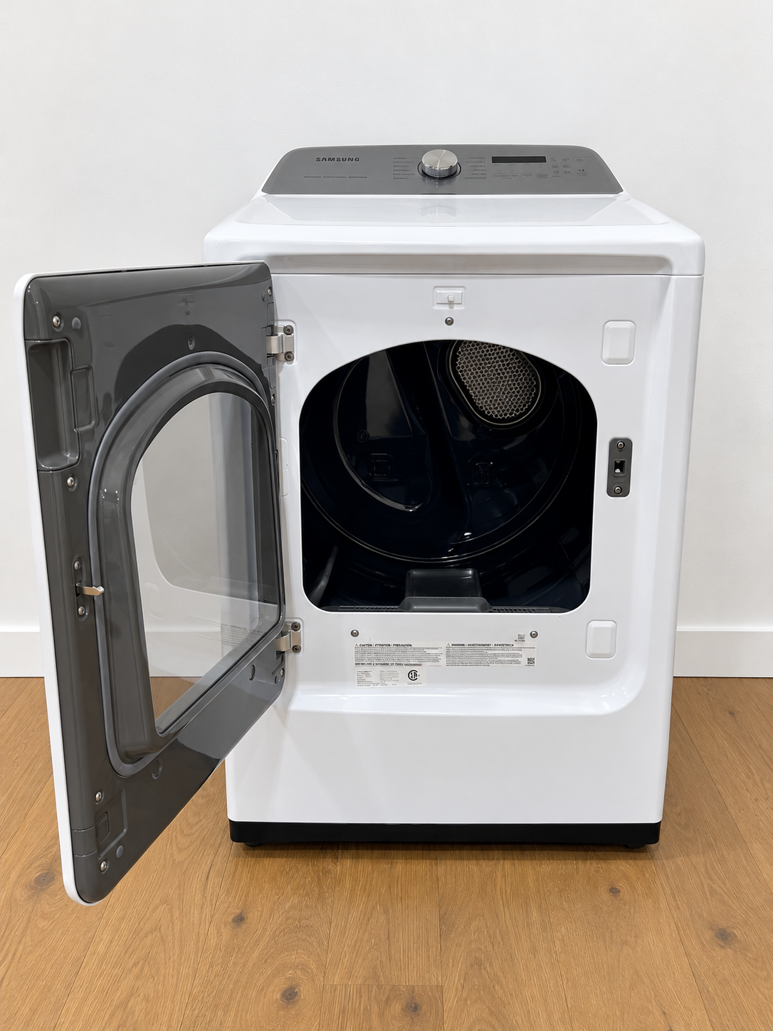 Samsung DVG52A5500W front view with door open showing drum