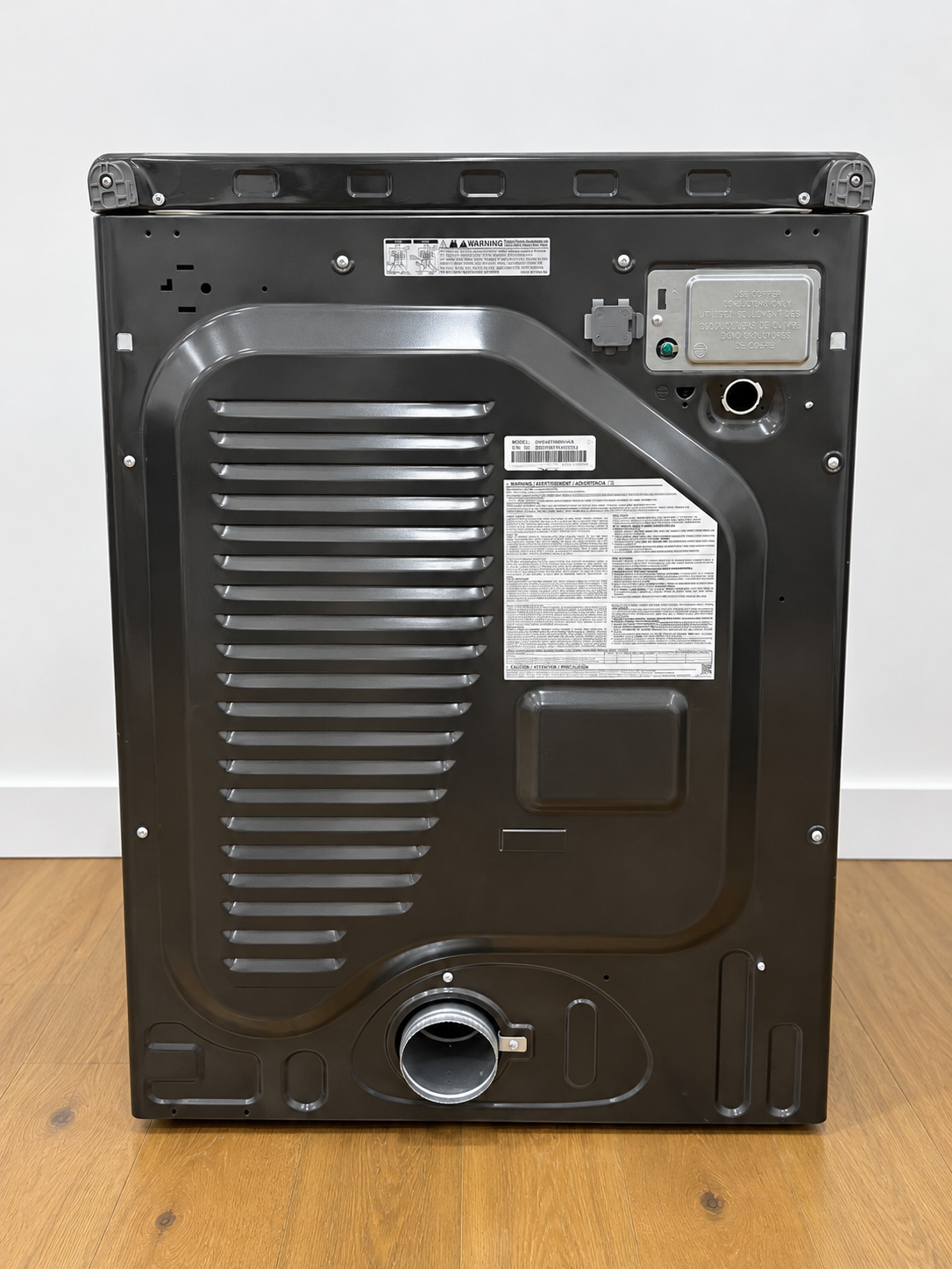 Samsung DVE45T6000V rear panel showing model label and vent connection